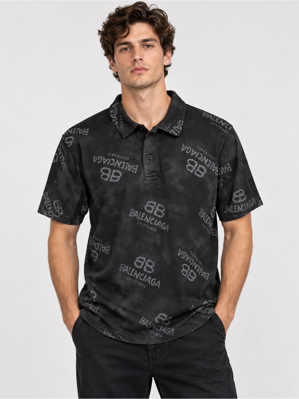Balenciaga 1917 Paris All Over Logo Polo Shirt Black Size Large